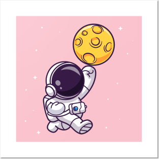 Cute Astronaut Smashing Moon Cartoon Posters and Art